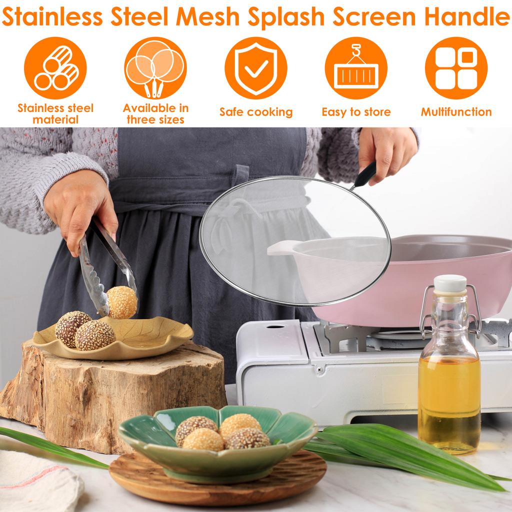 3Pc Cooking Frying Stainless Steel Anti Splatter Guard Oil Net Grease Splatter Screen Kitchen Pan Mesh Guard Screen Splash Cover