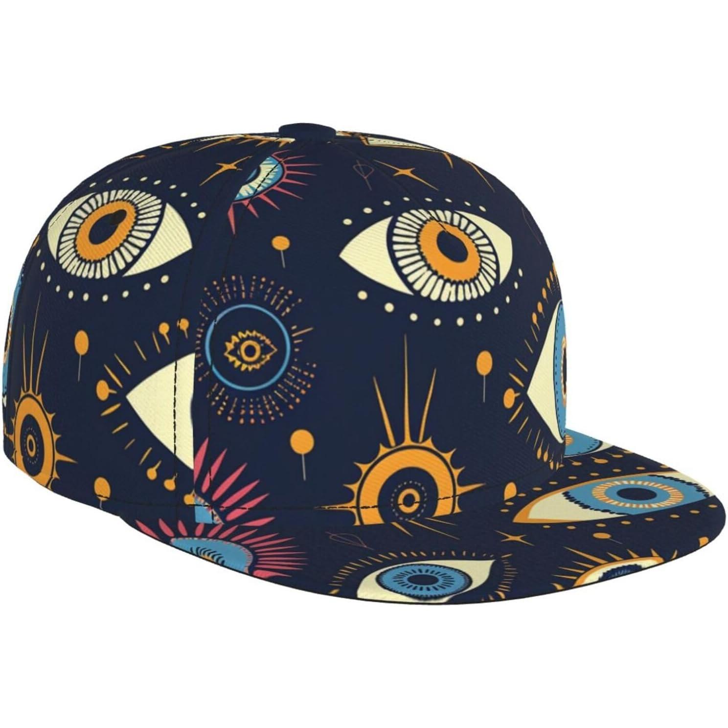

Baseball Cap for Men Women Eye Symbols Unique Vintage Dark Blue Flat Bill Snapback Hat Hip Hop Adjustable Low Profile Dad Hat One Size