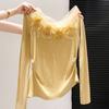 Korean Gentle Off-the-shoulder Lace Flower Long-sleeved T-shirt Women's Spring and Autumn New Slim-fitting and Thin Temperament Versatile Small Top