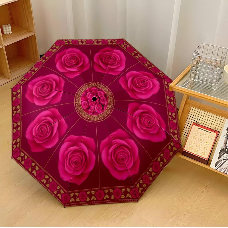 

Pink Rose Vintage Theme Automatic Umbrella Compact 8-Rib Design Sturdy Construction Durable Umbrella Stylish Accessory