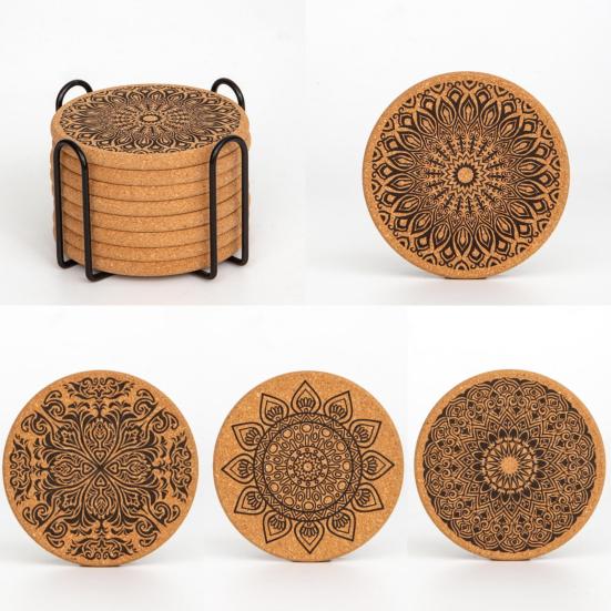 8Pcs Cork Coasters with Rack Round Retro Coasters Absorbent Heat-Resistant Table Mats Insulated Dining Placemats for Table Protection