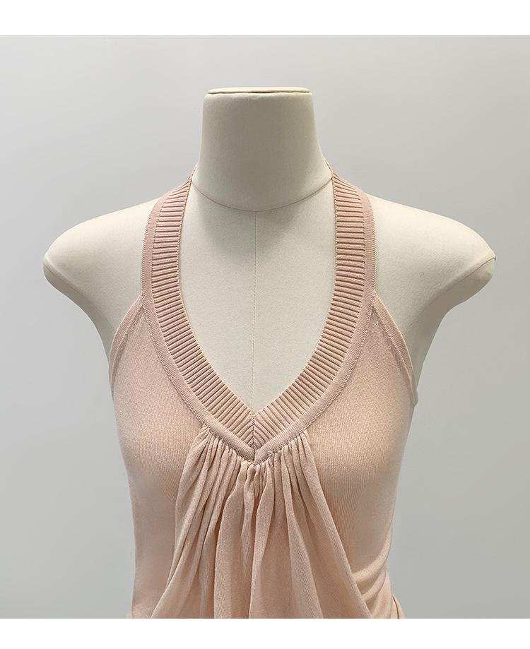 Design-Conscious Pink Pleated Halter Neck V-Neck Open-Back Slim Camisole for Women - New 2026 Summer Style