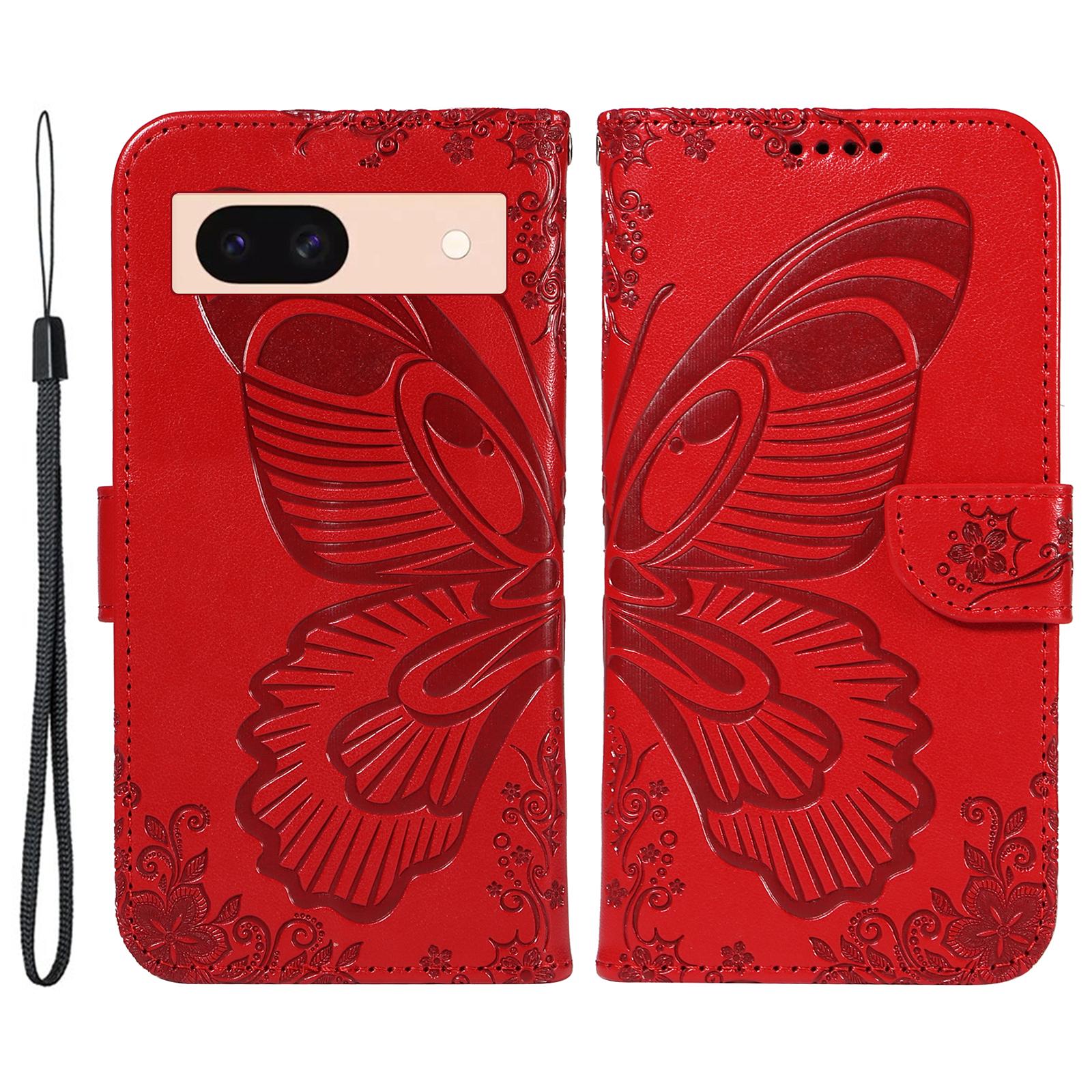 

For Google Pixel 8a Case Butterfly Pattern Leather Phone Cover with Magnetic Clasp Red