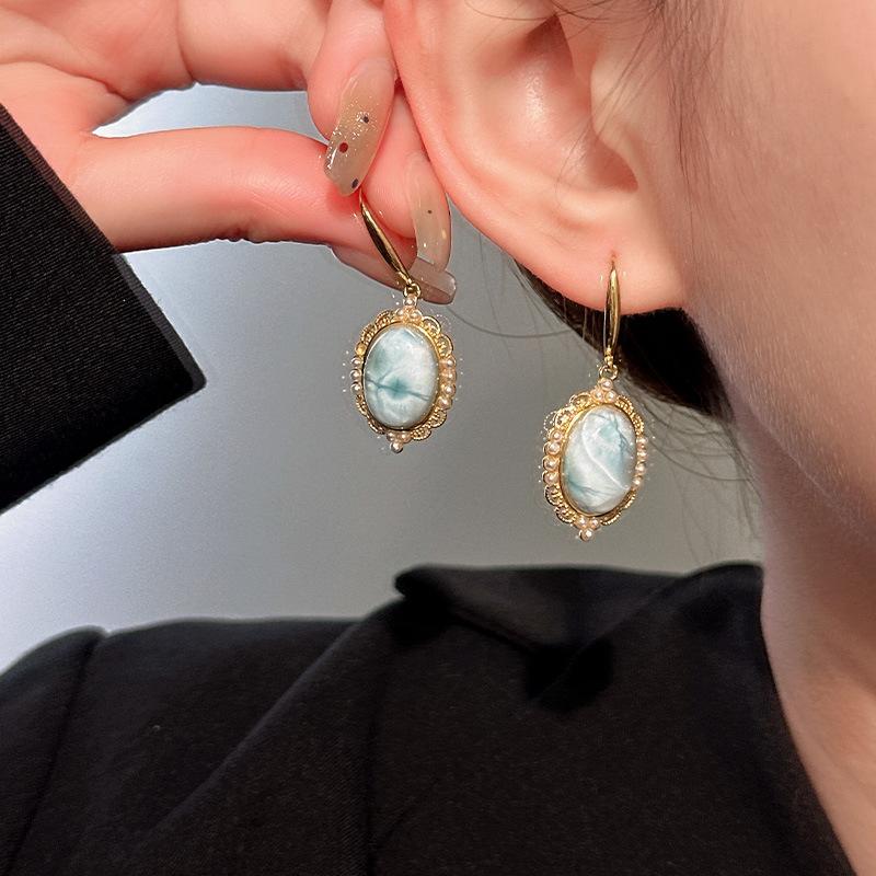 Natural Sea Pattern Stone Sterling Silver S925 Earrings Women's Exquisite Versatile Temperament Fashion French Retro Earrings