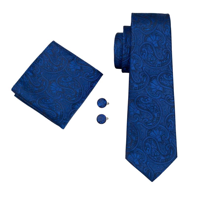 Blue Silk Men's Tie Clip Solid Tie For Men Gift for Men Luxury Necktie Hanky Cufflinks Set Formal Wedding Tie