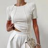 Damen einfarbiges T-Shirt mit geteilter Brust und Rundhalsausschnitt Ein neues Sommer-Figurbetontes Oberteil