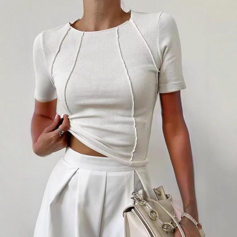 Dámské jednobarevné tričko s rozparkem na hrudi a kulatým výstřihem Nový letní přiléhavý top