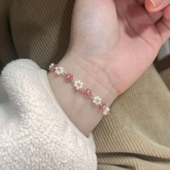 Spring Blossom Beaded Bracelet: Niche Design with Small Floral Accents Pink & White
