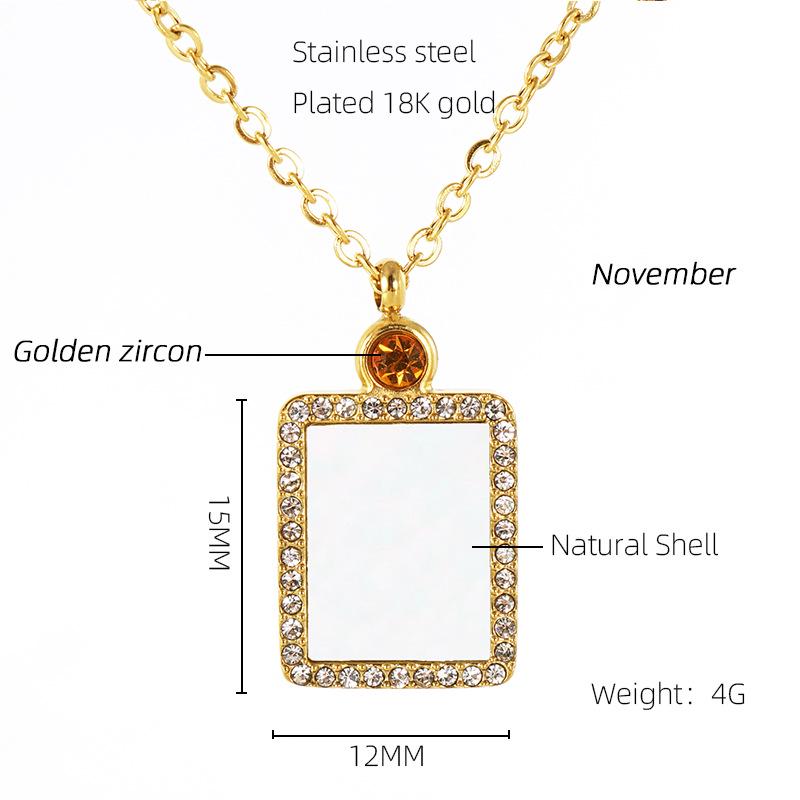 18K Titanium Steel Birthstone Pendant Necklace with Square Shell Design for Women