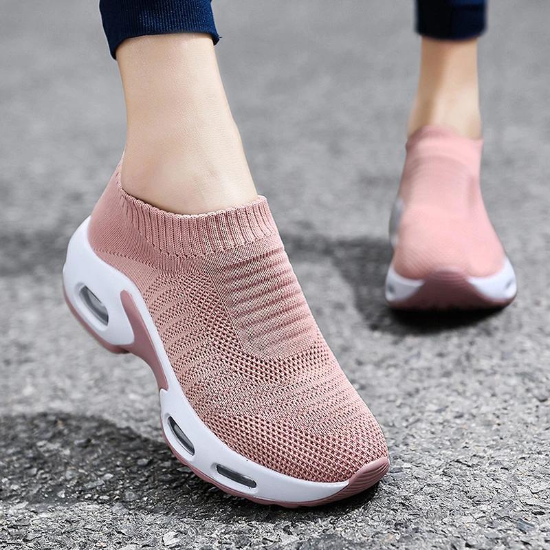 Fashion Women Sneakers 2025 Spring Flat Shoes Slip on Platform Sneakers for Women Black Breathable Mesh Sock Sneakers Shoes