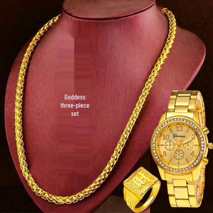 Unique Vietnam-Inspired Gold Necklace & Non-Fading Gold Watch Set for Men