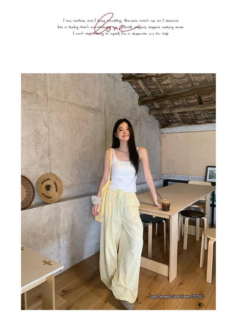 2025 Women's Yellow Jacquard Straight-Leg High-Waisted Slimming Summer Pants