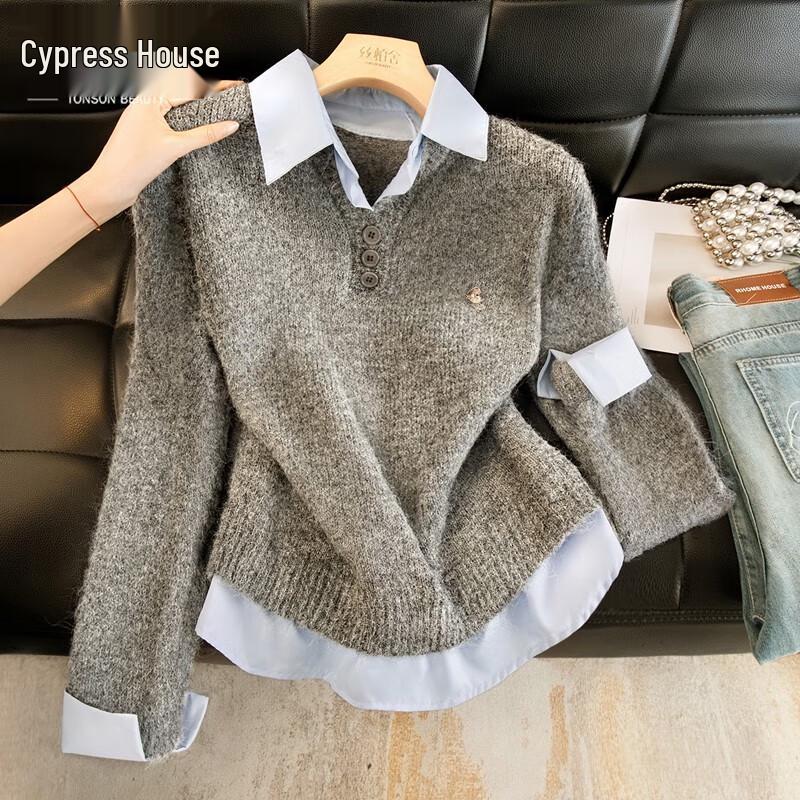 

Women s Patchwork Lapel Faux Two-Piece Knit Top One Size