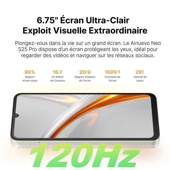Smartphone 5G Ainuevo Neo S25 Pro 32GB+256GB 6.75" Smartphone Pas Cher Android 15 5280mAh Telephone Portable Dural SIM/NFC/64MP Noir