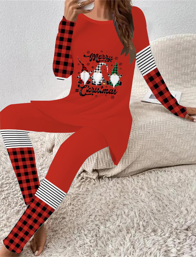 Euroamerická móda 3D Vánoční potisk Dámské Čtyřsezónní Tričko s dlouhým rukávem + Dlouhé kalhoty Dvoudílný set. Perfektní dárek na Nový rok a Vánoce