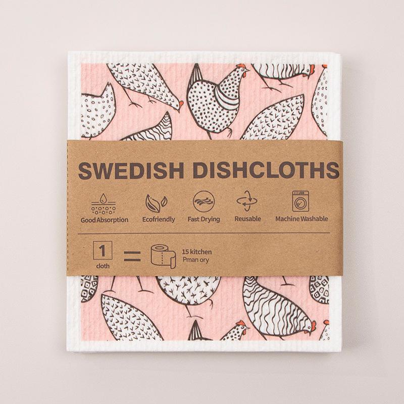 

Flower Bird Printed Wood Pulp Cotton, Thickened Oil-Resistant Pot Dish Wash Cloth Swedish Cloth 6pcs