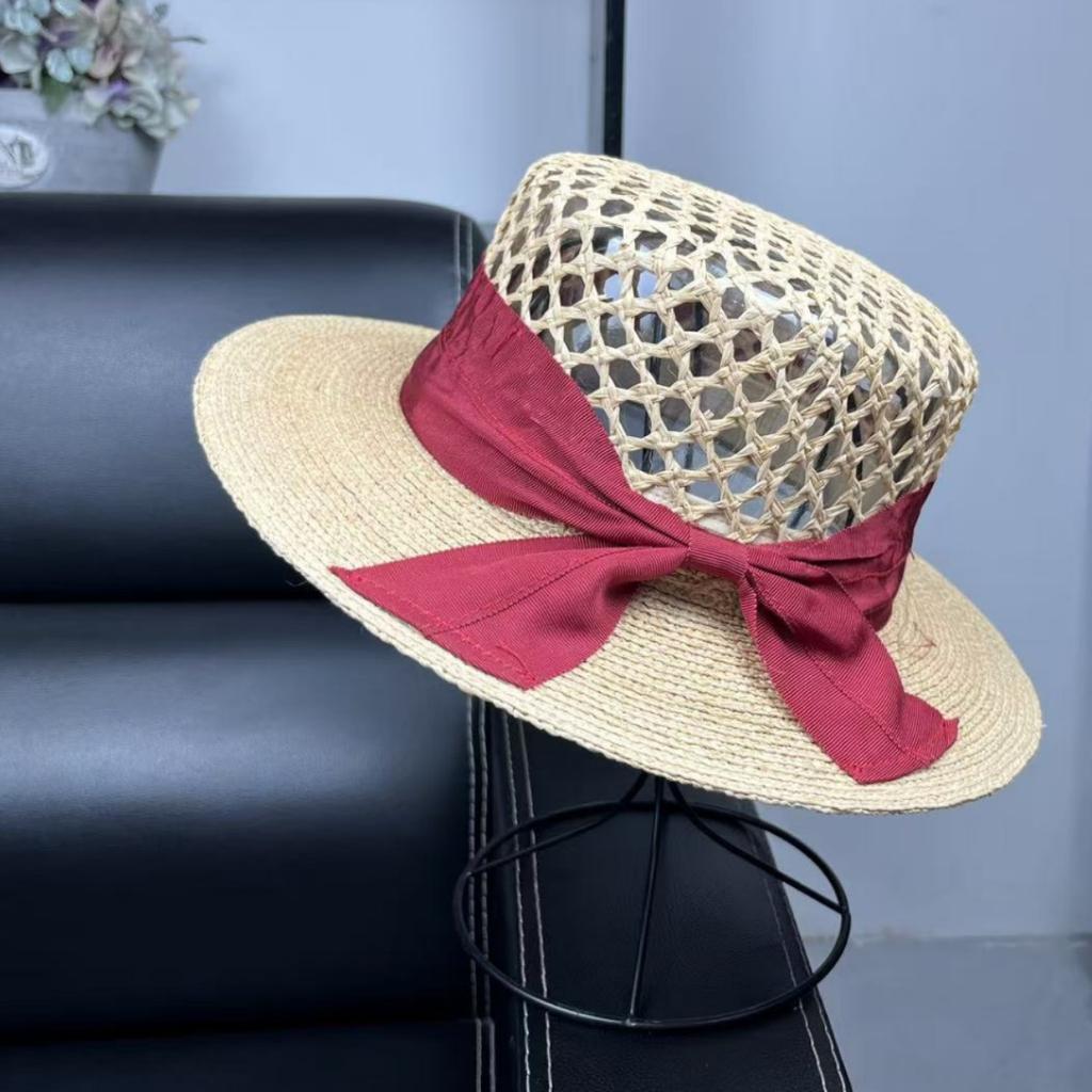 Hepburn Wind Day Single Raffia Hollow Straw Hat Women's Flat Top Sunscreen Top Hat Seaside Sunshade Beach Hat