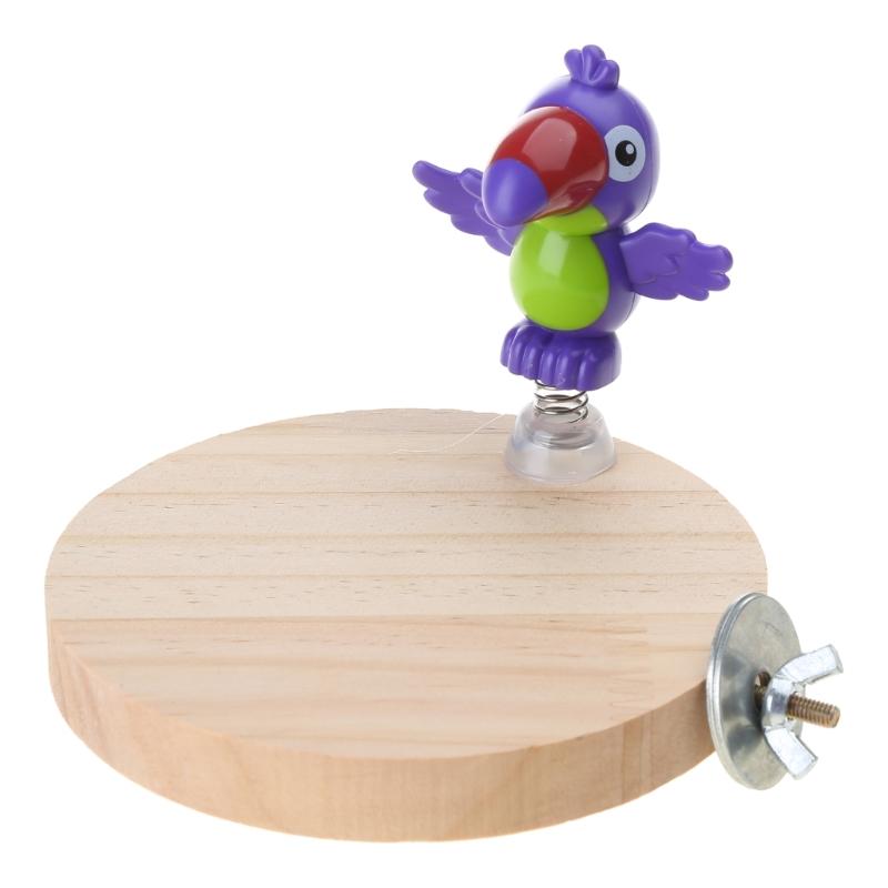 Bird Toys Natural Wood Perch Stand Platform with Cute Yellow Chicken Cage Toy 1