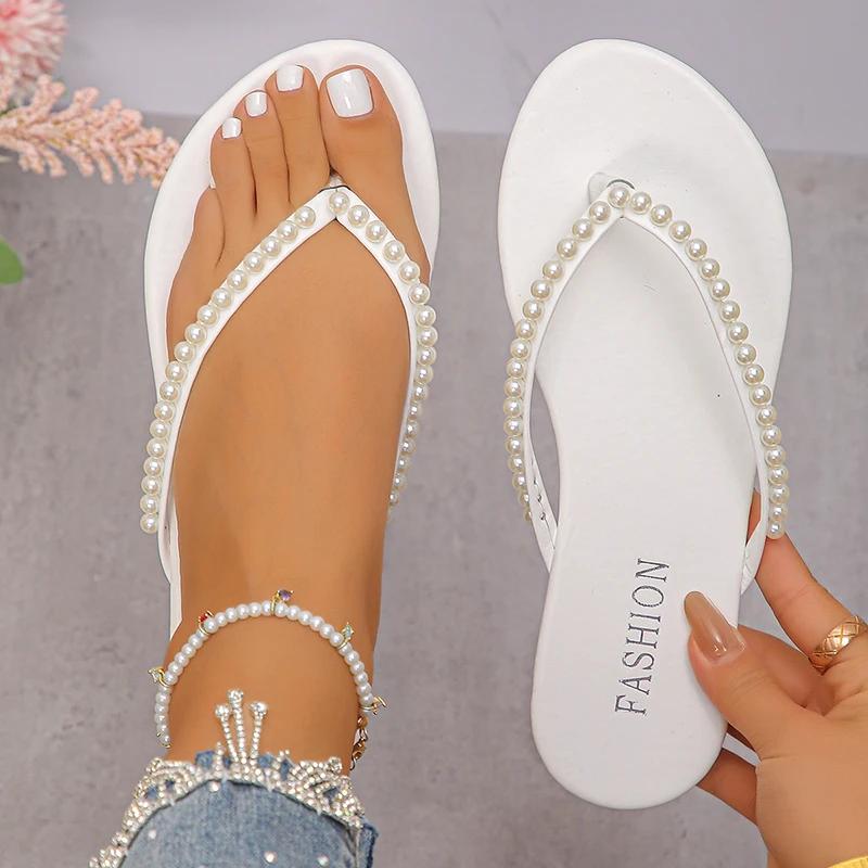 Fashion Fashion Pearls Beach Flip Flops for Women 2025 Summer Clip Toe Flat Slides Sandals Woman Comfortable Non Slip Outdoor Slippers