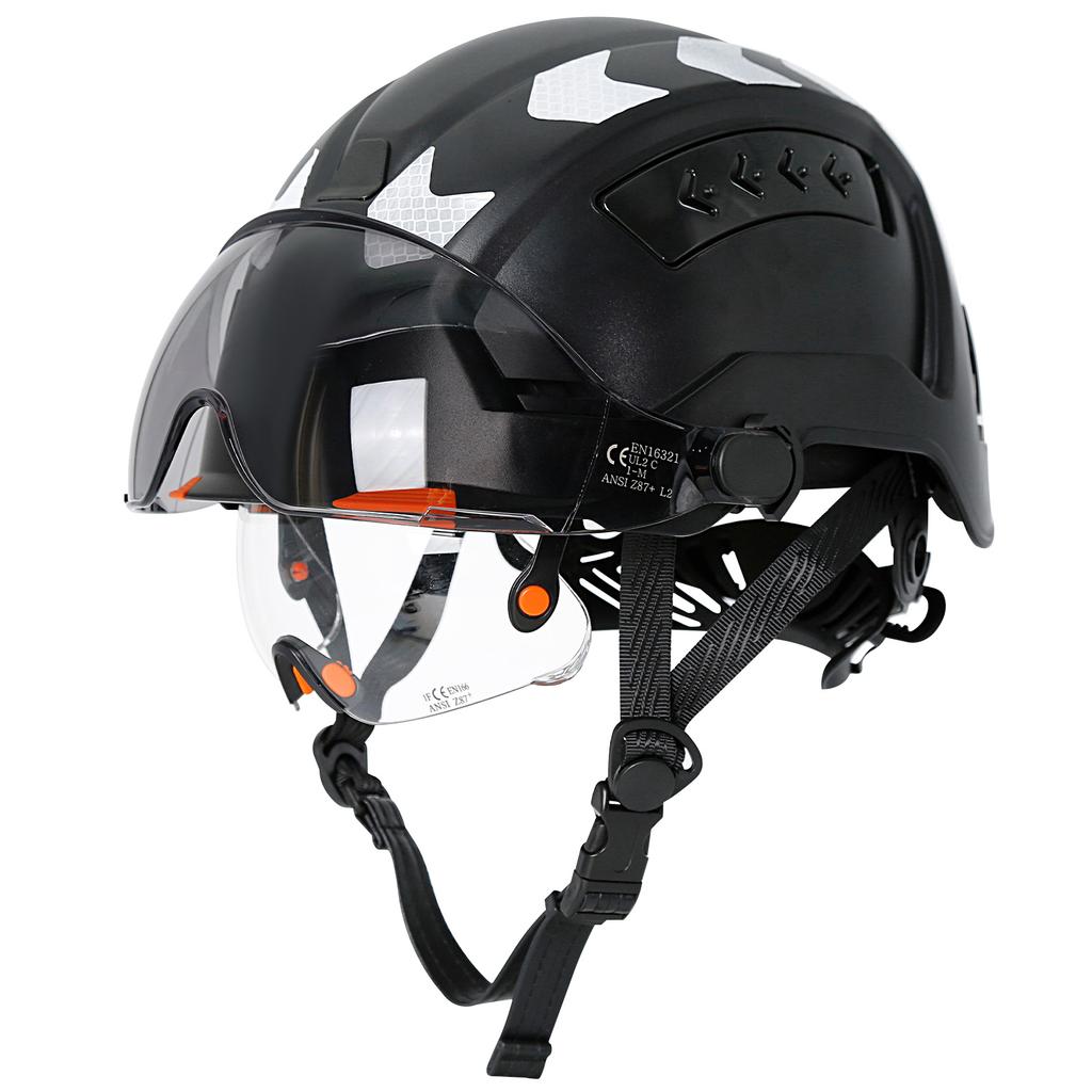 Casco di Sicurezza CE per l'Edilizia con Doppi Occhiali Integrati Visiera Adesivi Riflettenti Elmetto ANSI Cappello da Lavoro Industriale per Ingegnere