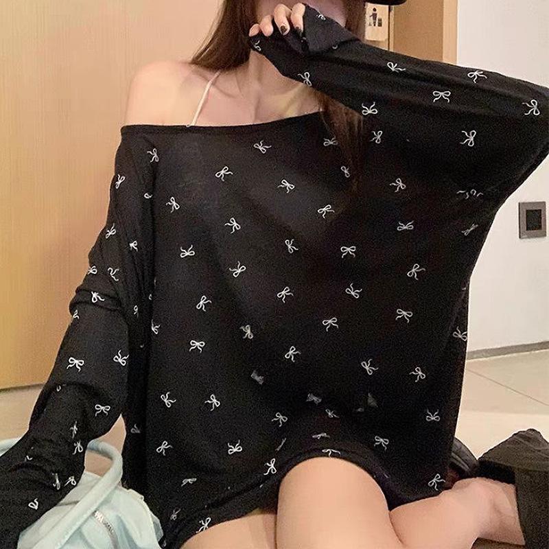 

Bow Print Long Sleeve Tee Womenswear Lazy Style Summer Loose Thin Sheer Sun Protection Cover Up Top One Size чорний