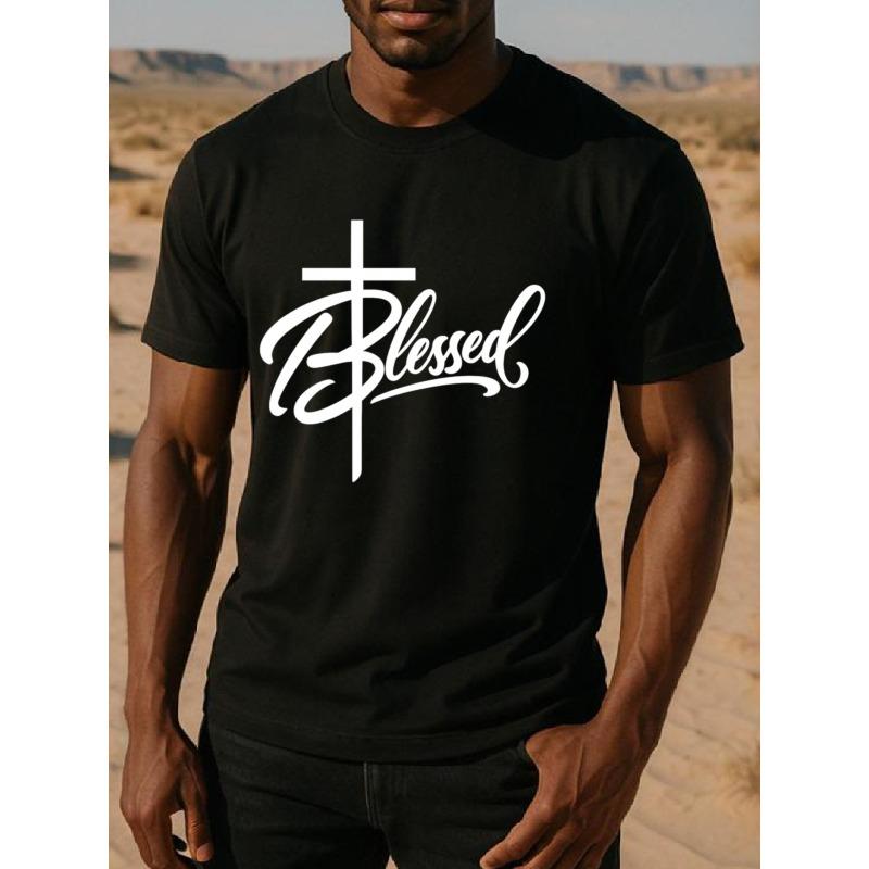 European sizes BLESSED Men'S Print Short-Sleeved T-Shirt  Medium Stretch, Loose Crew Neck, Sweat-Absorbing and Quick-Drying