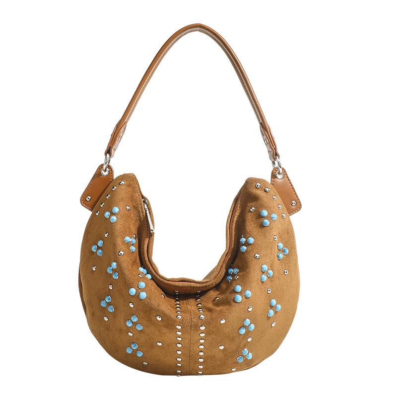 Niche Design Women s Bag Retro Rivet Frosted Hand-held Crossbody Bag Crescent Armpit Shoulder Bag Suede Tote Bag коричневый