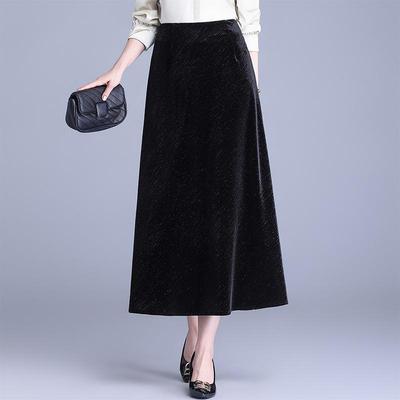 Black High-Waisted A-line Velvet Skirt - Elegant Mid-Length Design for Spring & Autumn