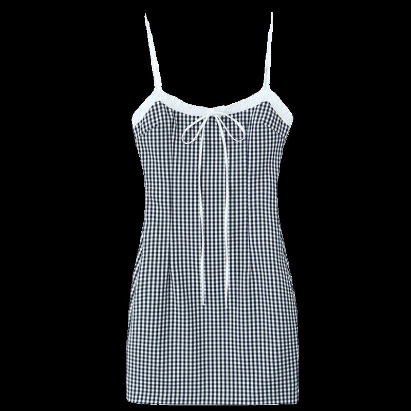 Fashion Style 2024 Summer New Arrival Women's Clothing Plaid Stitching Blue Sling Dress Short Skirt 3152329401