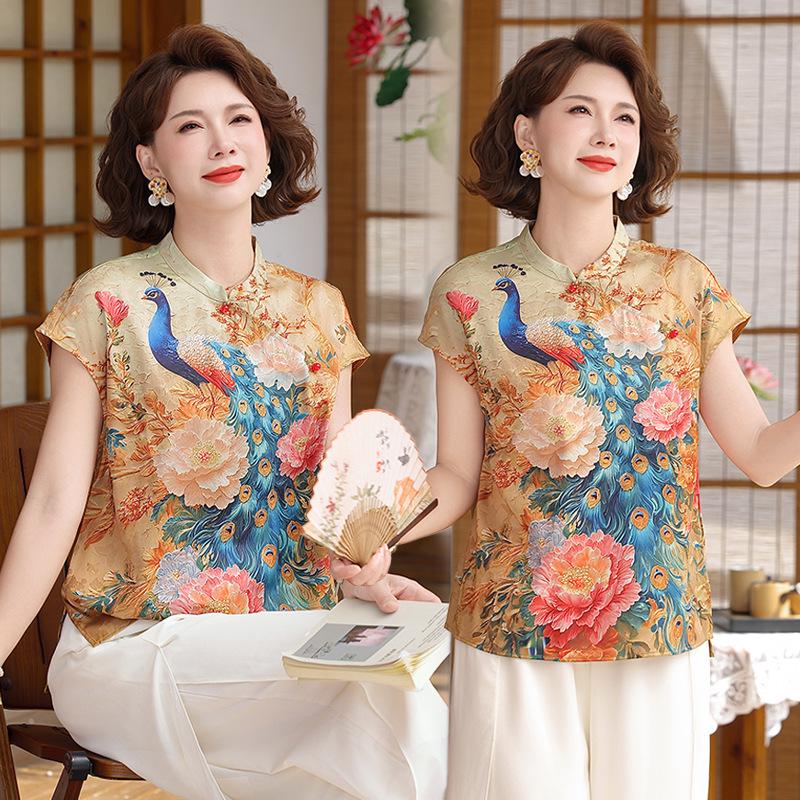New Style Summer Top for Middle-Aged Women: Chinese National Style, Plus Size, Casual Wear
