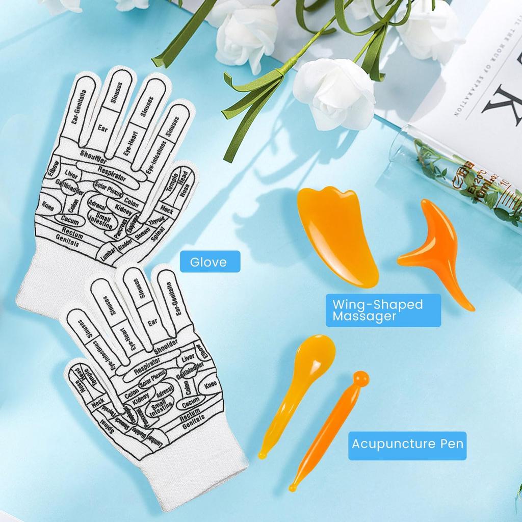 Reflexology Socks with Massage Tools and Gloves, 2 Pair Foot Massage Socks, 1 Pair Gloves, 4 Massage Tools, Acupoint Massage Tools Sets for Man and
