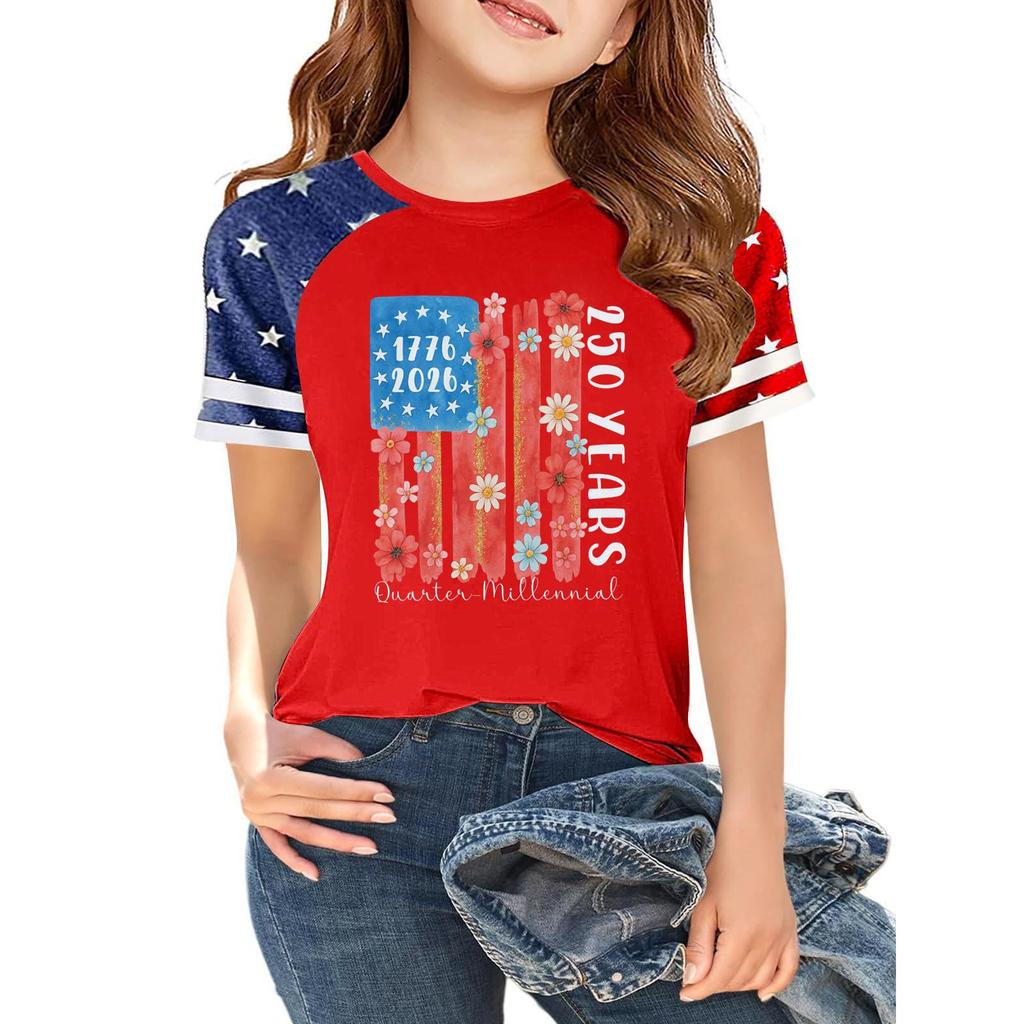 Kids Independence Day T-Shirt USA Print Short Sleeve Casual Crew Neck Top Patriotic Graphic Tee for Boys Girls Summer Wear