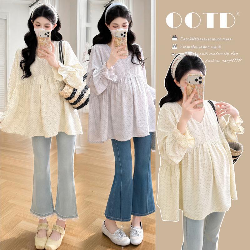 Elegant 2026 Spring/Summer Korean-Style Polka Dot Maternity Top M