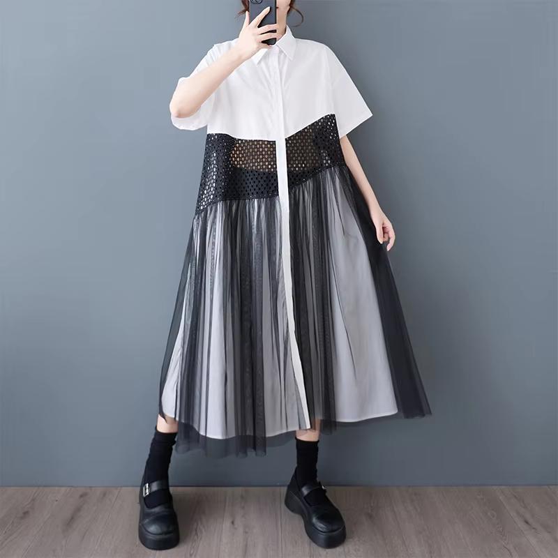 

Однобортное платье XITAO в сеточку в стиле пэчворк GYX1566 One Size белый