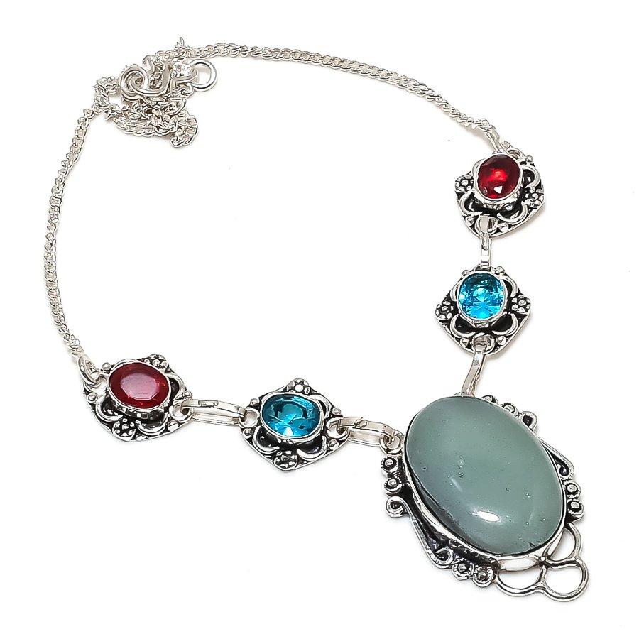 Natural Aquamarine, Topaz Gemstone 925 Sterling Silver Jewelry Necklace 18" l9K12