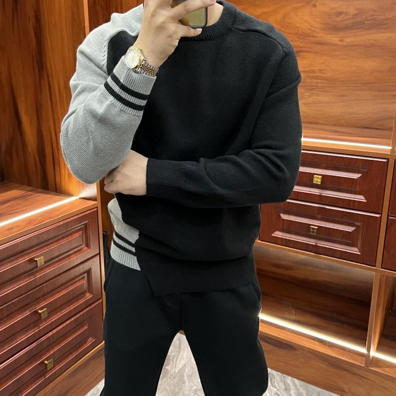 Koreanische Mode Herbstpullover Herren O-Ausschnitt Kontrastfarbe Patchwork Lässig Langarm Überzieher Locker Gestrickte Oberteile