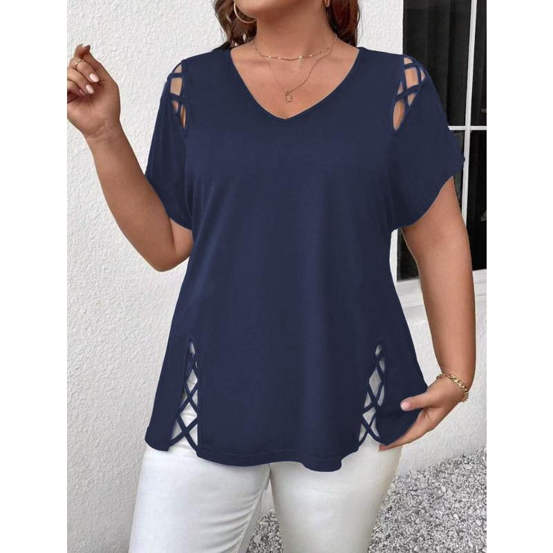 Women Plus Size Solid Cross Strap Short Sleeve T Shirt