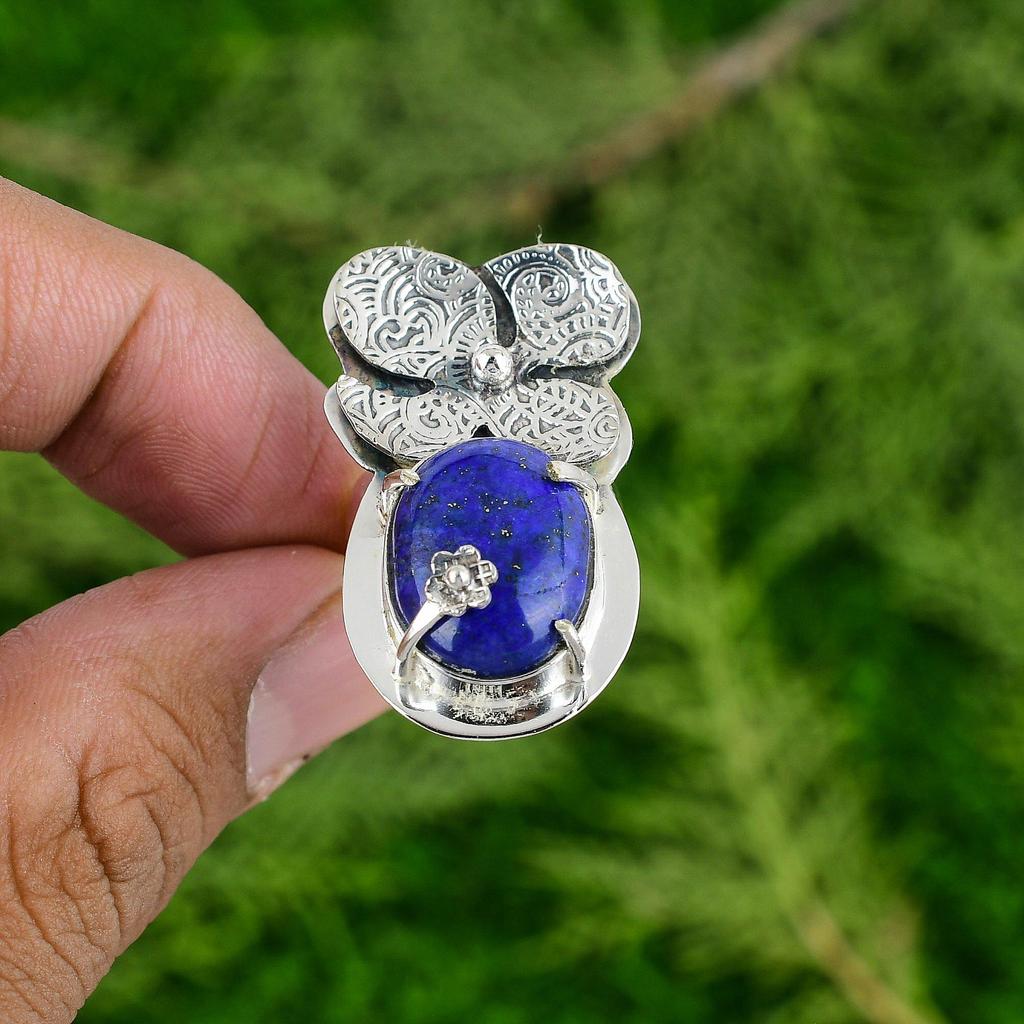 Natural Lapis Lazuli Stackable Flower Adjustable Ring 925 Silver For Women