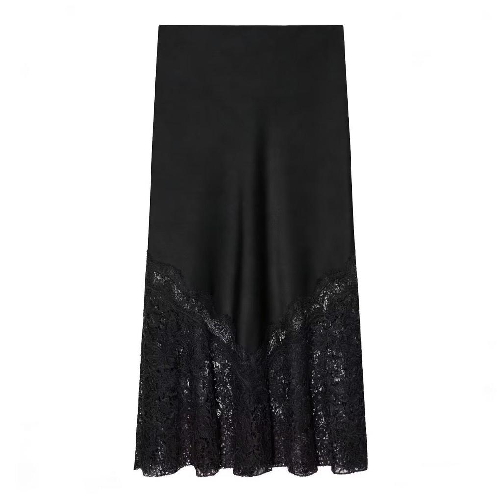 2026 European Style Women's Mid-Length Lace Silk Satin Skirt