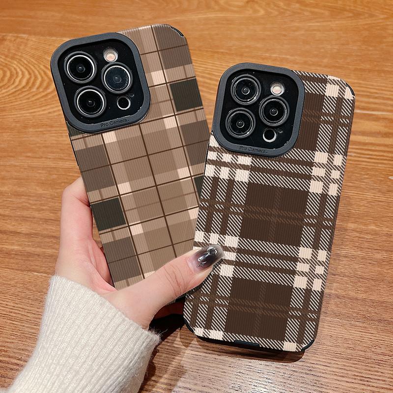 Vertical Grain Leather Shell Fashion Grid Printed Cover Patterned Soft Silicone Case with Camera Lens Full Protection for iPhone