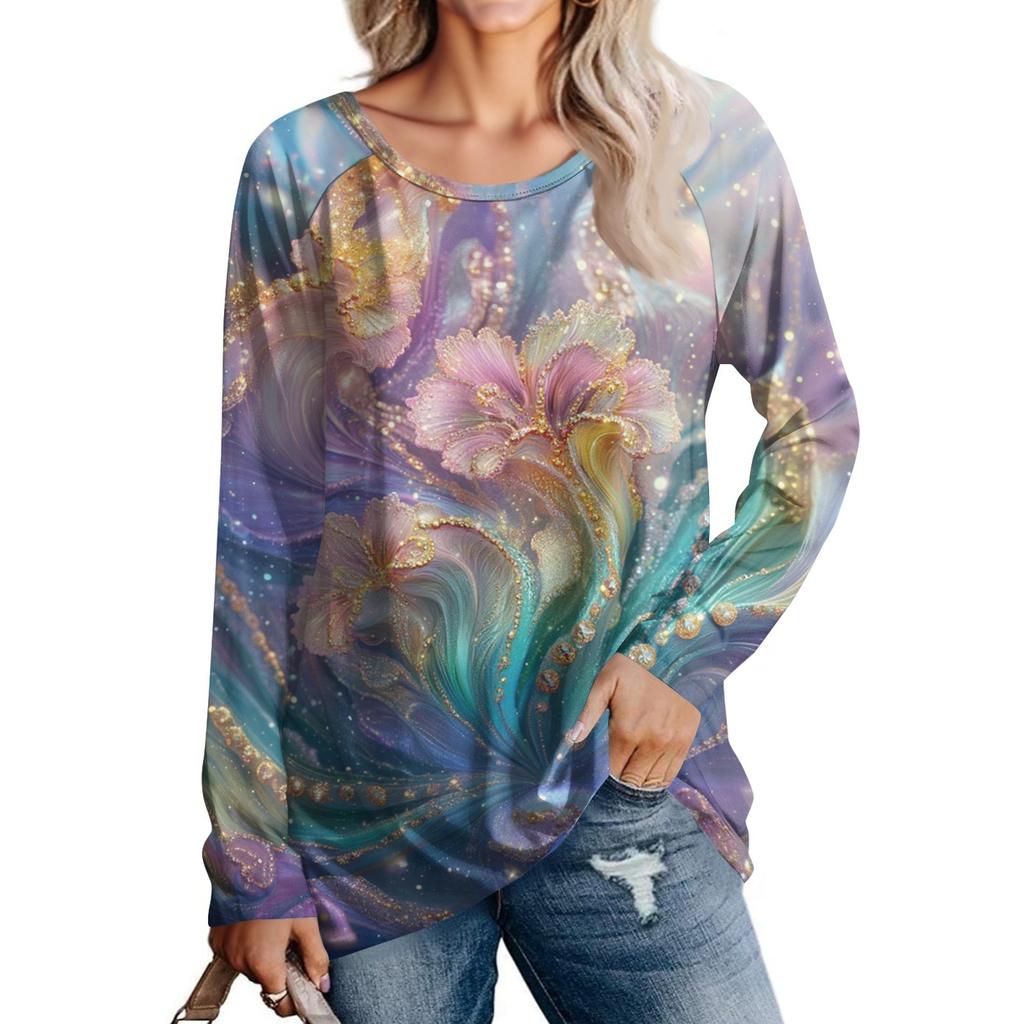 Damenmode Lässig Langarm Print Rundhals Pullover Top Bluse