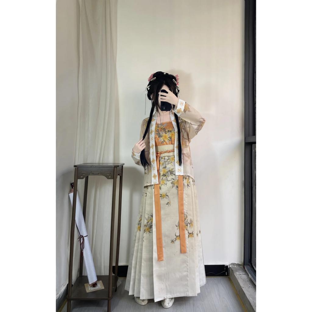 Chinese Ming Dynasty Style horse-face  Skirt Osmanthus Print Daily Suit For Women