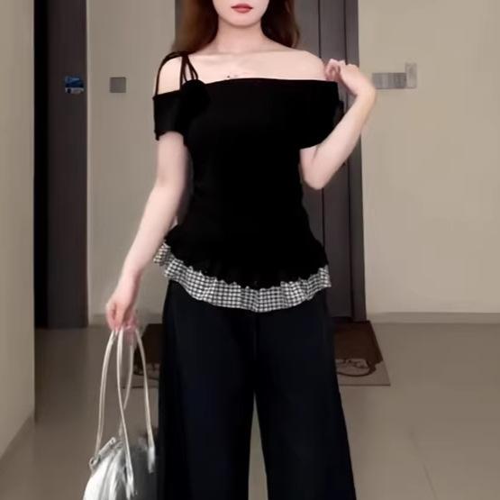 Koreanisches süßes Spice Girl schräges Schulter kurzärmeliges T-Shirt Damen Sommer Neu schlank und dünn karierte Patchwork-Optik Fake Two-Piece Top Trend