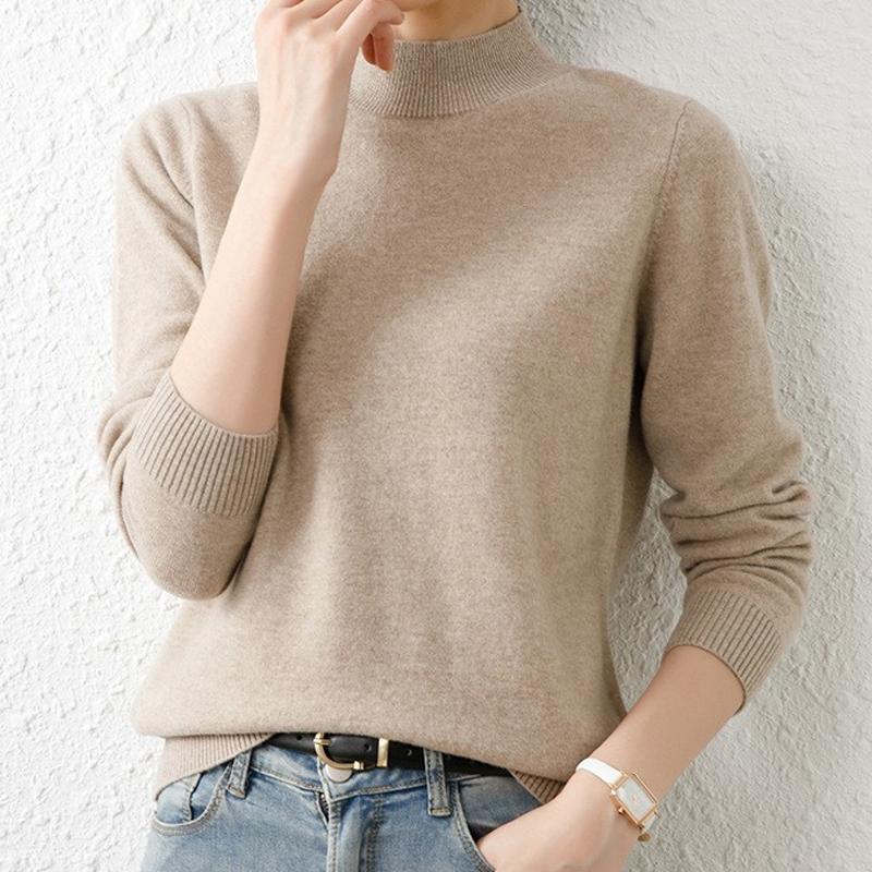 

Элегантный свитер с полувысоким воротником, однотонный, женский, облегающий, вязаный свитер с длинными рукавами, осенняя мода, повседневные женские топы One Size верблюд