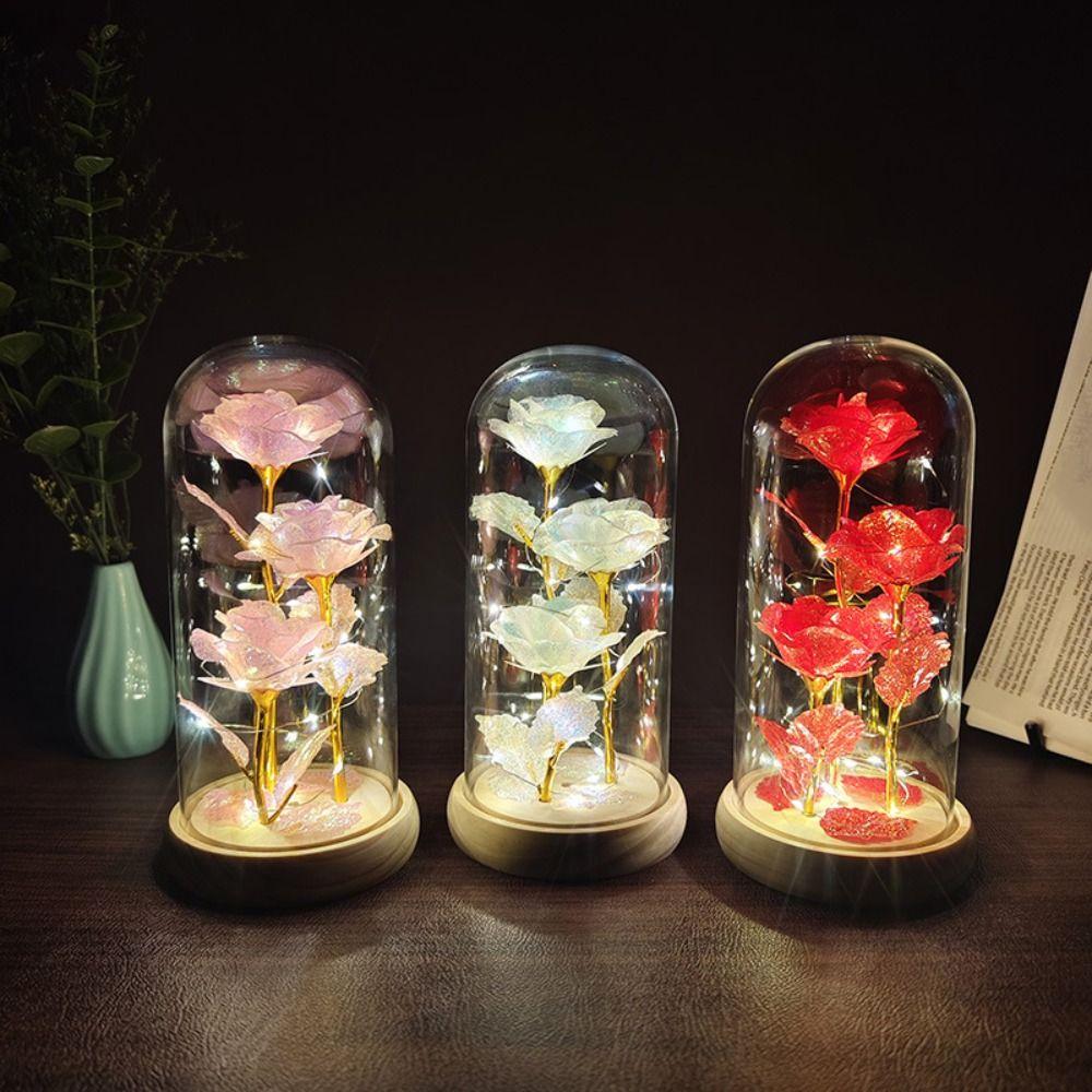 Romantic Artificial Rose Light with Acrylic Cover 3 Heads Rose Light Up Rose Simulation Luminous Eternal Rose Lamp Mothers Day