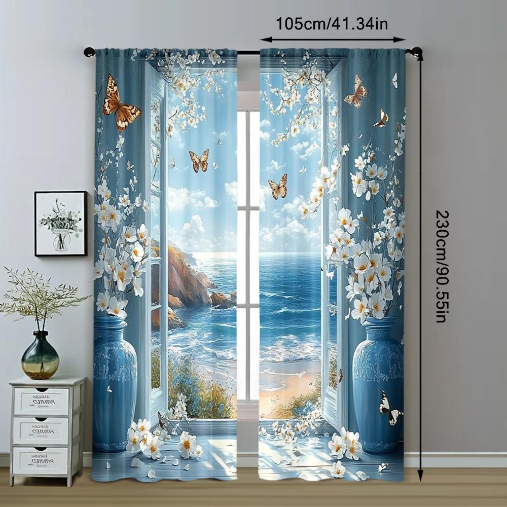 2pc,  Curtain Seaside landscape and white flowers Butterflies Fabric,Without Electricity Versatile for Holiday Family Party