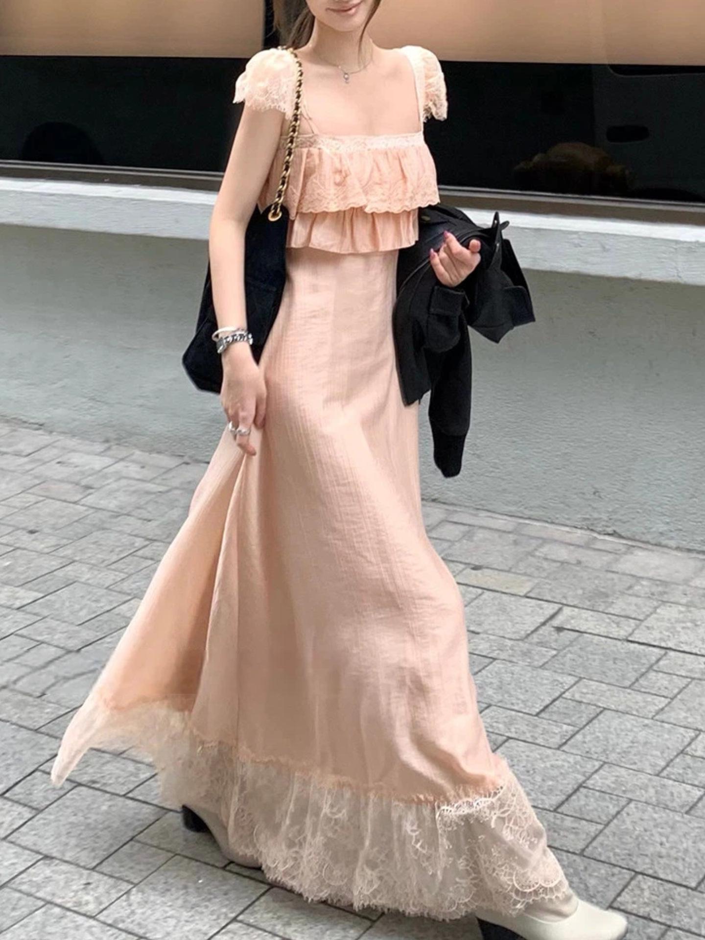 

Chestnut Sunset Long A-line Dress with Lace Ruffles and Slimming Waist Small оранжевый