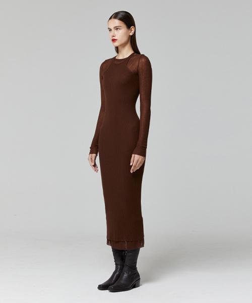 Lady Volume Cutting Halter Slim Knit Dress_Brown