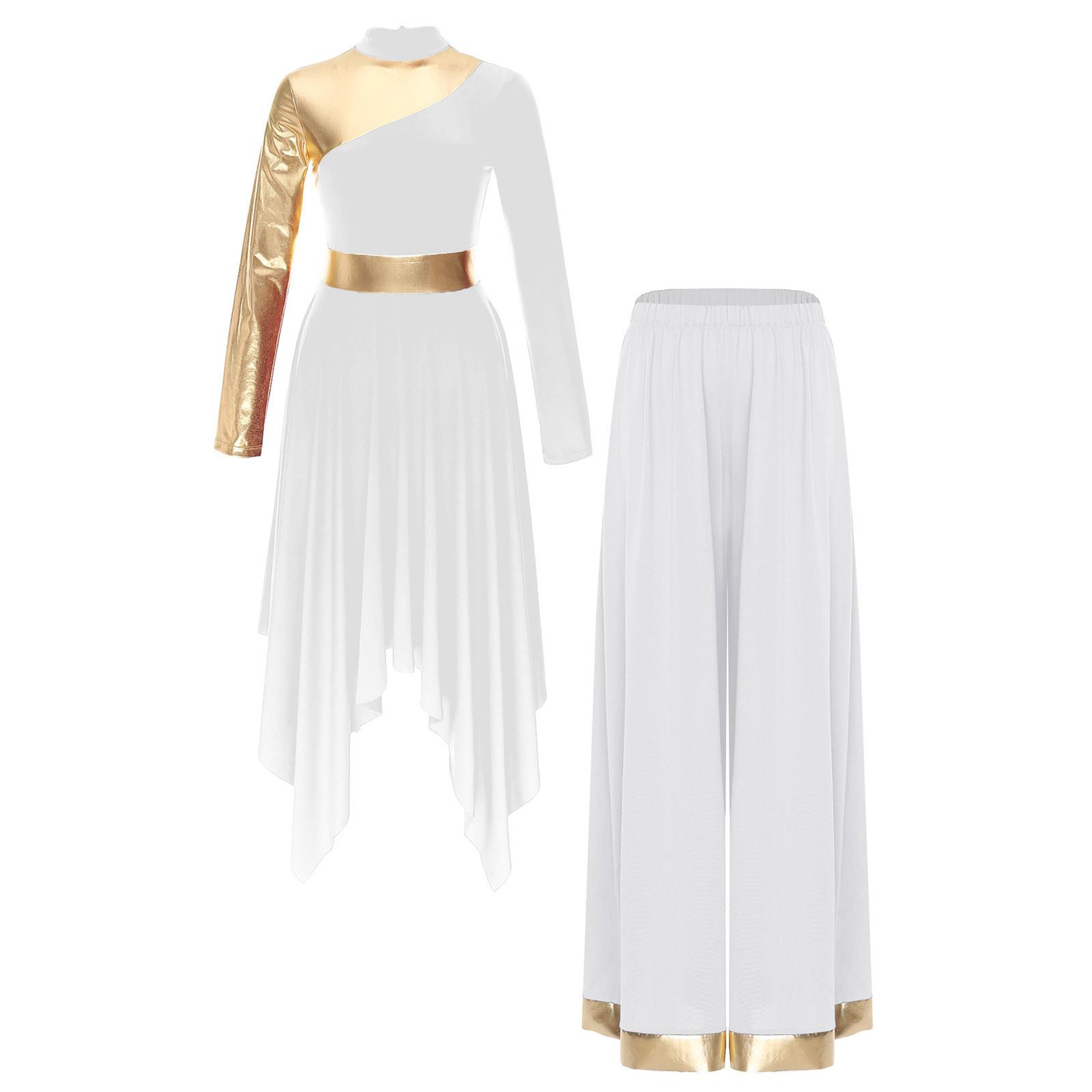 

Womens Praise Dance Dress Asymmetrical Hem Long Sleeve Wide Leg Pants Contrast Color Worship Outfit S білий