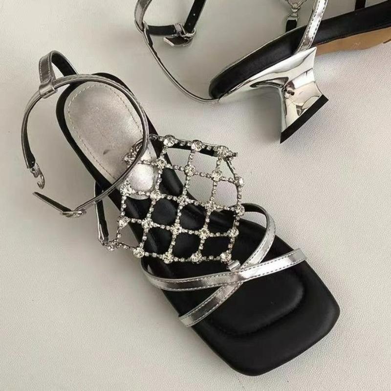 

Fashion Temperament High Heels Women Summer Square Toe Open Toe Rhinestone Metal Mesh Strap Alien Heel Roman Sandals 35 серебряный